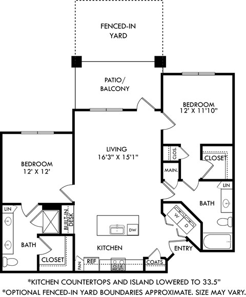 A floor plan of a house with a living room, two bedrooms, a bathroom, a kitchen, and a patio.