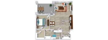 A top-down view of a living room with a couch, chairs, and a rug.