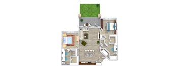 A floor plan of a house with a living room, dining room, kitchen, and two bedrooms.