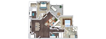 A floor plan of a house with a kitchen, living room, and two bedrooms.