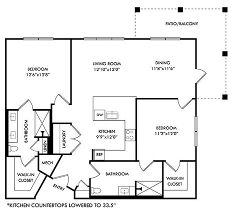 A floor plan of a house with a kitchen countertop lowered to 33.5 inches.