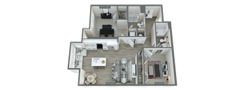 A 3D floor plan of an apartment layout.