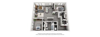 2 bedroom floorplan. Entrance hall leads to kitchen/living/dining areas. guest bathroom with linen shelves. bedrooms on opposite ends of apartment. primary bedroom has private bathroom that leads to Walk-in closet. W/D.