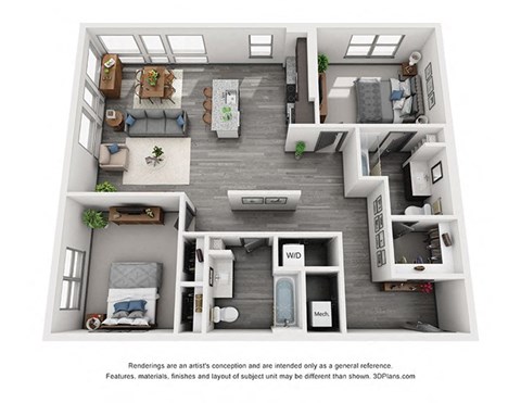 2 bedroom floorplan. Entrance hall leads to kitchen/living/dining areas. guest bathroom with linen shelves. bedrooms on opposite ends of apartment. primary bedroom has private bathroom that leads to Walk-in closet. W/D.
