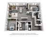 The Tennessee 2 bedroom floorplan. Entrance hall leads to kitchen/living/dining areas. guest bathroom with linen shelves. bedrooms on opposite ends of apartment. primary bedroom has private bathroom that leads to Walk-in closet. W/D.