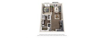 The Warnell 3D. 1 bedroom apartment. Kitchen open to living room. 1 full bathroom. Walk-in closet. Patio/balcony.