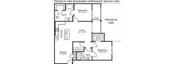 A floor plan of a house with a living room, dining room, kitchen, and two bedrooms.