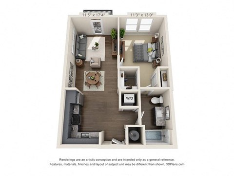 The Newt 3D. 1 bedroom apartment. Kitchen open to living room. 1 full bathroom. Walk-in closet. Patio/balcony.