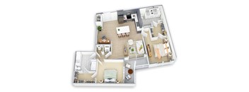 A top-down view of a house layout with a kitchen, living room, dining area, and bedrooms.