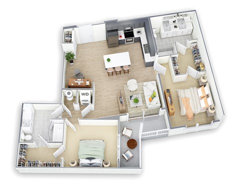 A top-down view of a house layout with a kitchen, living room, dining area, and bedrooms.