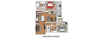 The Topaz with Assigned Garage 3D. 2 bedroom apartment. Kitchen with island open to living/dinning rooms. 2 full bathrooms, shower stall in master. Walk-in closets. Patio/balcony.