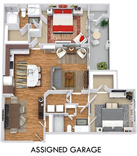 The Topaz with Assigned Garage 3D. 2 bedroom apartment. Kitchen with island open to living/dinning rooms. 2 full bathrooms, shower stall in master. Walk-in closets. Patio/balcony.