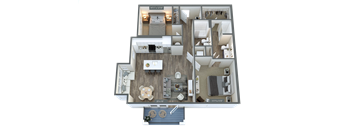 A floor plan of a house with a living room, two bedrooms, a kitchen, and a bathroom.