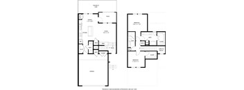 A floor plan of a house with a garage and two bedrooms.