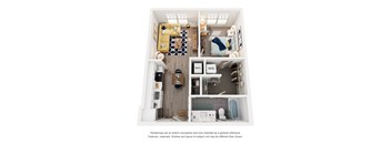 A top-down view of a small apartment with a kitchen, living room, and bathroom.