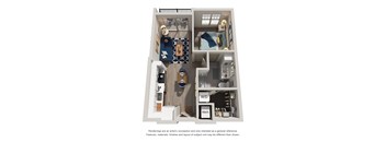 A floor plan of a small apartment with a kitchen, living room, and bedroom.