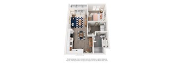 A floor plan of a small apartment with a kitchen, living room, and bathroom.