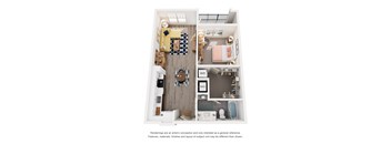 A floor plan of a small apartment with a living room, kitchen, and bathroom.