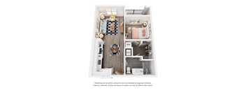 A floor plan of a small apartment with a kitchen, living room, and bathroom.