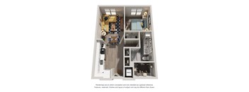A 3D rendered image of a house layout.