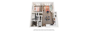 A floor plan of a small apartment with a kitchen, living room, and bathroom.
