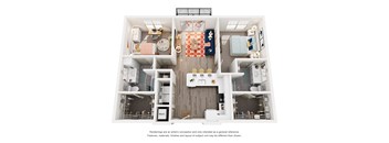 A diagram of a house with a kitchen, living room, and bathroom.