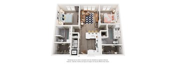 A floor plan of a small apartment with a kitchen, living room, and two bedrooms.