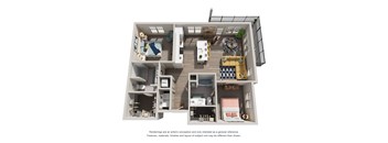 A 3D floor plan of a house with a kitchen, living room, and two bedrooms.