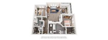 A top-down view of a modern apartment layout with a kitchen, living room, and bathroom.
