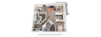 A 3D rendered image of a house layout.