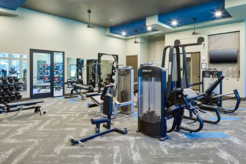 A gym with a variety of equipment including a squat rack, a leg press machine, and a bench press.
