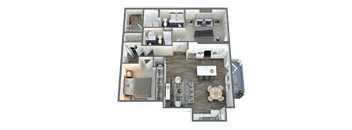 A floor plan of a house with a living room, two bedrooms, a bathroom, and a kitchen.