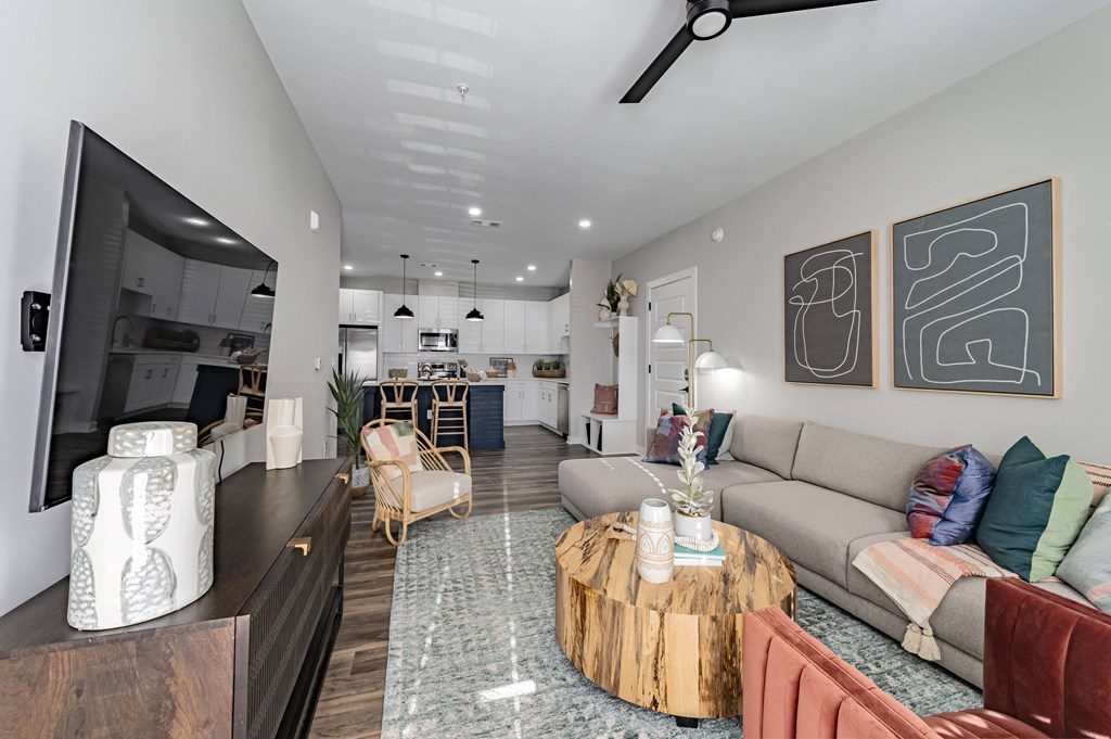 a living room with a couch and a coffee table