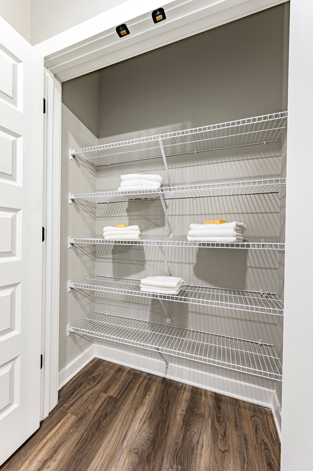 the closet in the master bedroom is closable and organized with wire shelves