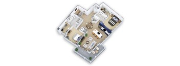 A 3D floor plan of a house with a kitchen, living room, and bedrooms.