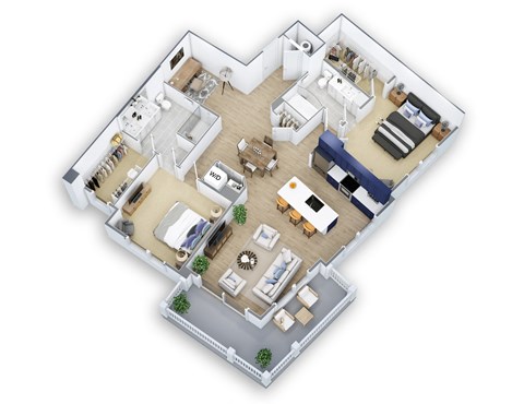 A 3D floor plan of a house with a kitchen, living room, and bedrooms.