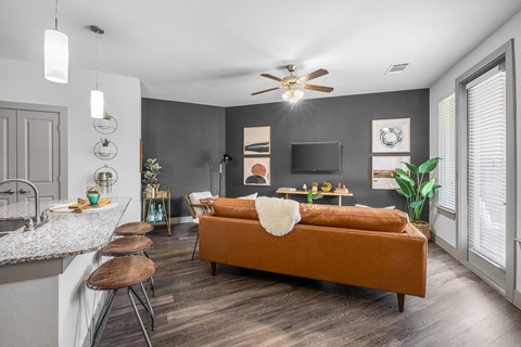 breakfast bar area overlooking living area with sofa, tv and art on the walls