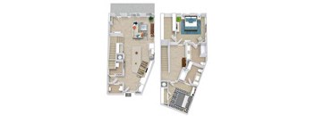 two floor plans of a house with a bedroom and a living room