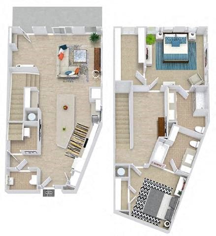 two floor plans of a house with a bedroom and a living room