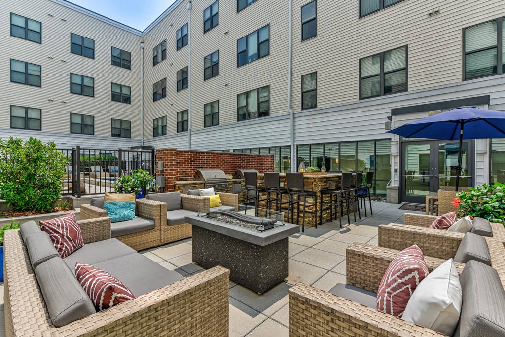 Patio with furniture and an umbrella  at The View at Old City, Philadelphia