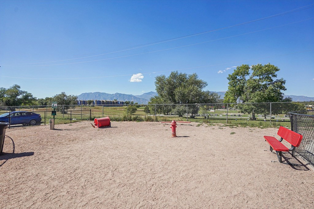 A park with a red fire hydrant and a blue car in the background.