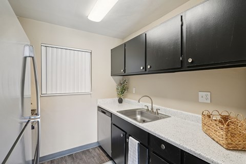 A kitchen with black cabinets and a white sink.