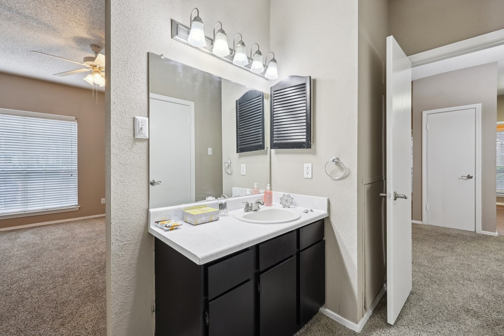 A bathroom with a sink, mirror, and lighting fixture at The Willows on Rosemeade, Dallas, TX 75287