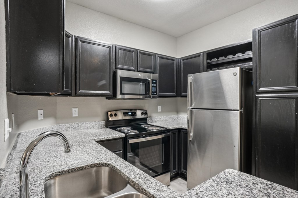 A kitchen with black cabinets and stainless steel appliances.