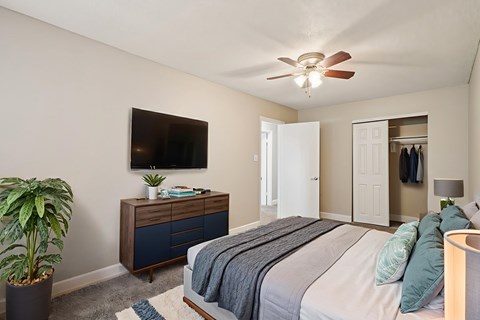 A bedroom with a bed, a dresser, a plant, and a ceiling fan.
