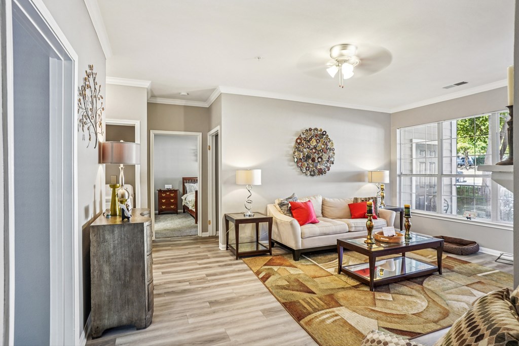 A living room with a white couch and a rug.