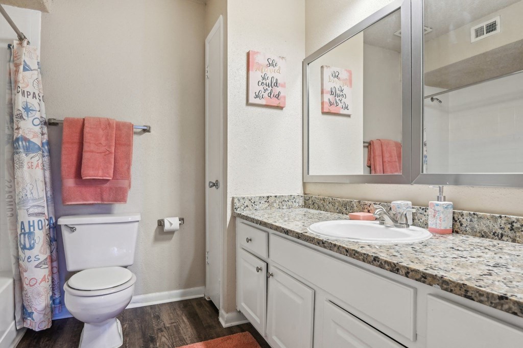 a bathroom with a sink and a toilet and a mirror at The Glen at Highpoint, Dallas, 75243