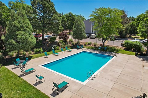 A swimming pool surrounded by green trees and lawn chairs.