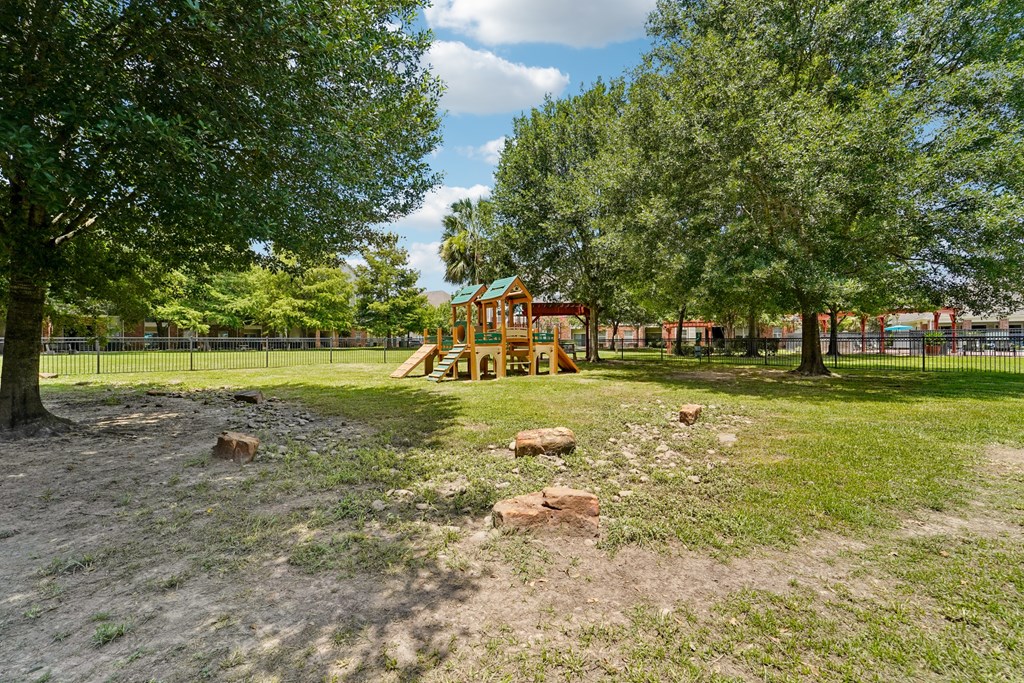A playground with a slide and a tree. at Kingwood Glen, Kingwood, 77339