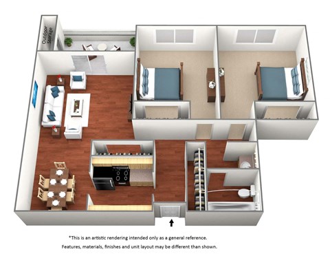2 Bedroom / 1 Bath - 850 Sq. Ft. Floor Plan Image - B1 at Glen at Hidden Valley, Reno, Nevada